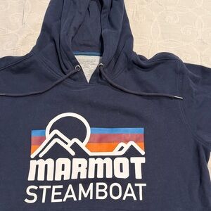 Marmot Navy Pullover Hoodie with White Logo and Retro Stripes